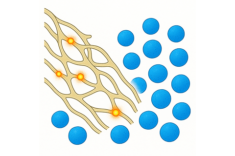Medical illustration of polymer matrix connecting with tissue cells.